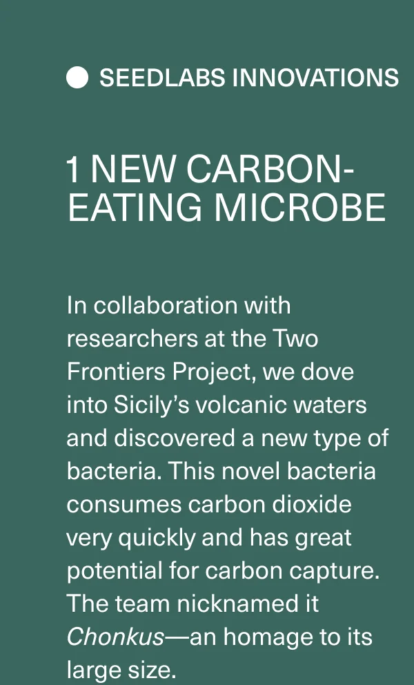 SeedLabs Innovations: 1 New Carbon-Eating Microbe. In collaboration with researchers at the Two Frontiers Project, we dove into Sicily’s volcanic waters and discovered a new type of bacteria. This novel bacteria consumes carbon dioxide very quickly and has great potential for carbon capture. The team nicknamed it Chonkus—an homage to its large size.