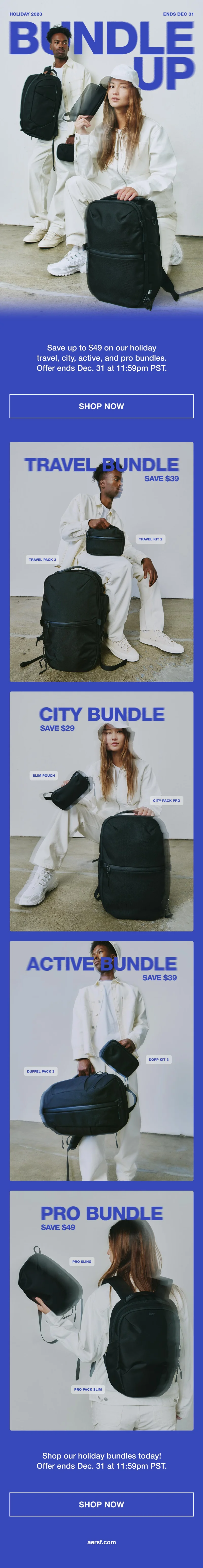 Images of a man and woman modeling Aer backpacks and accessories for the holidays