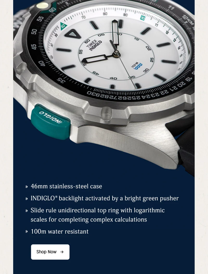 46mm stainless-steel case | INDIGLO backlight activated by a bright green pusher | Slide rule unidirected top ring with logarithmic scales for completing complex calculations | 100m water resistant | Shop Now