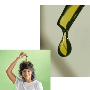A collage of three images: one cat floating in a sparkling pool of water, one dropper of green oil, one person posing with a little green bottle on their head.