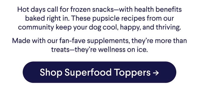 Hot days call for frozen snacks—with health benefits baked right in. These pupsicle recipes from our community keep your dog cool, happy, and thriving. Made with our fan-fave supplements, they’re more than treats—they’re wellness on ice. CTA: Shop Superfood Toppers
