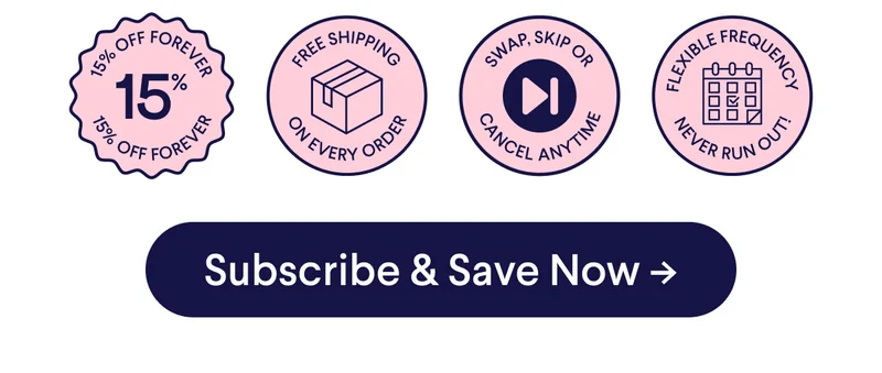 Badges: 15% off forever, free shipping on every order, swap skip or cancel anytime, flexible frequency never run out. CTA: Subscribe & save now