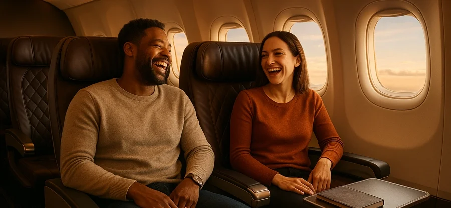 Man and woman sitting inside the plane