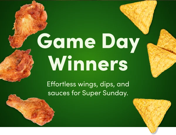 Promotional image for game day recipes featuring floating wings and chips on a green background.