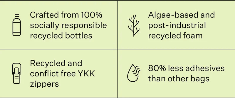 Bubbles: Crafted from 100% socially responsible recycled bottles Algae-based and post-industrial recycled foam Recycled and conflict free YKK zippers 80% less adhesives than other bags