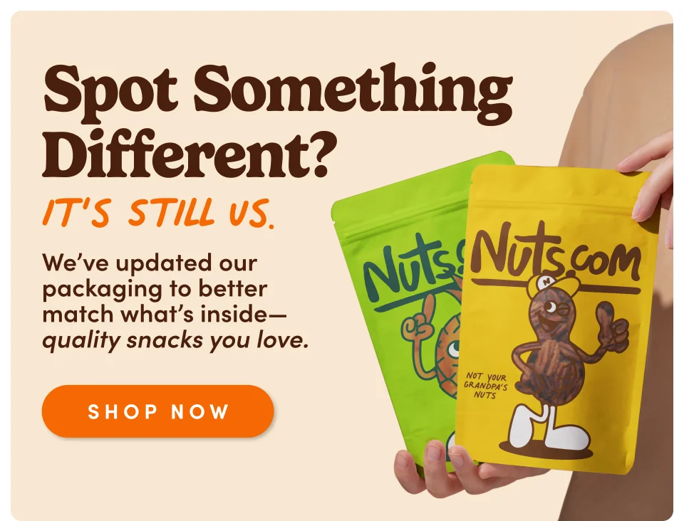 Spot Something Different? It's still us. We've updated our packaging to better match what's inside–quality snacks you love; Shop now
