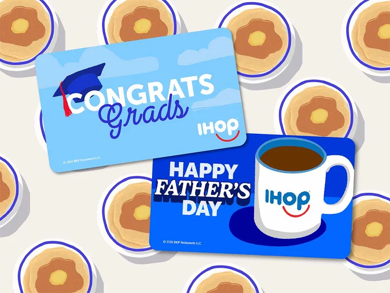 Illustrated gift cards that say Congrats Grads and Happy Father’s Day set against a background with illustrated pancakes on plates