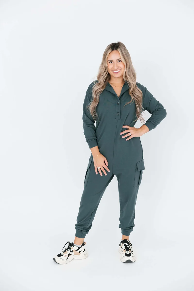 Image of Lennex Long Sleeve Cargo Romper in Spruce