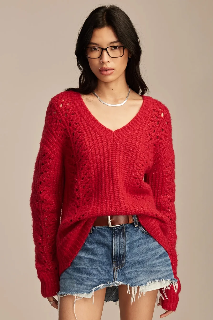 Image of Lucky Brand V Neck Pointelle Cable Pullover Sweater - Women's Clothing Tops Sweaters Pullovers in Jester Red