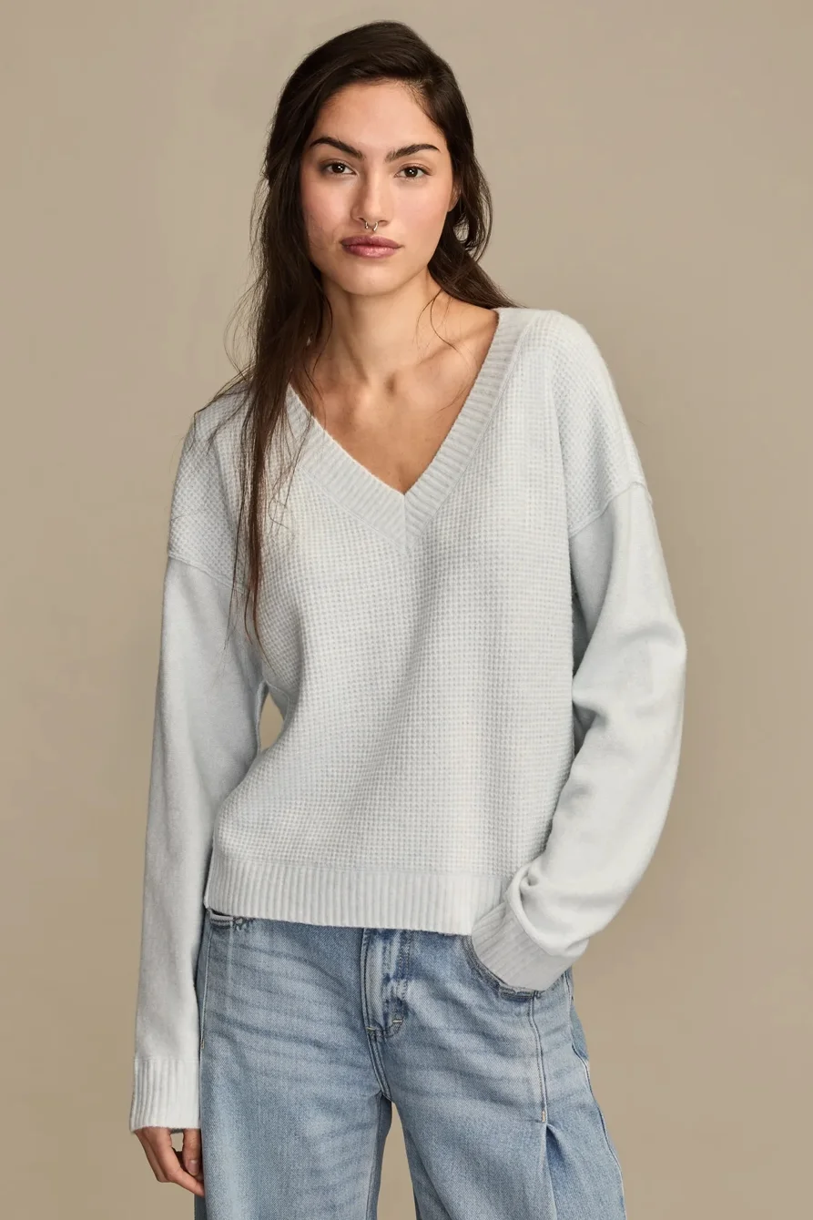 Image of Lucky Brand Waffle V Neck Sweater - Women's Clothing Tops Sweaters in Caviar