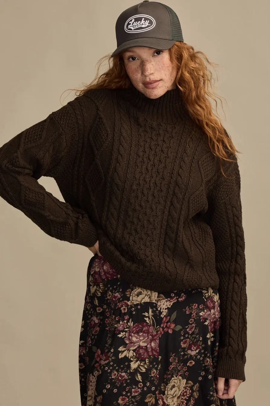 Image of Lucky Brand Cable Turtle Neck Sweater - Women's Clothing Tops Sweaters Turtlenecks in Medium Heather Grey