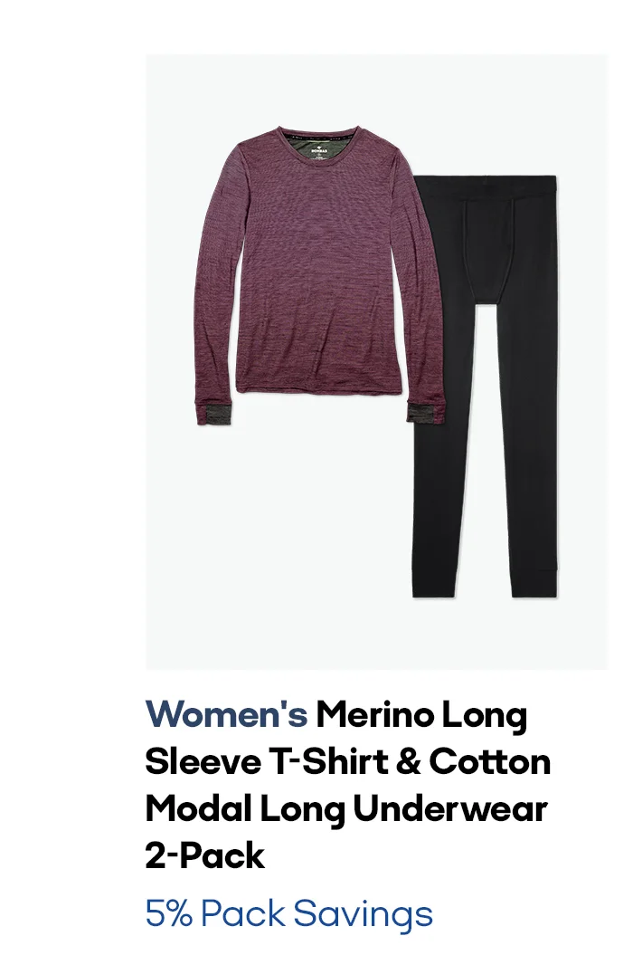 Women's Merino Long Sleeve T-Shirt & Cotton Modal Long Underwear 2-Pack 5% Pack Savings