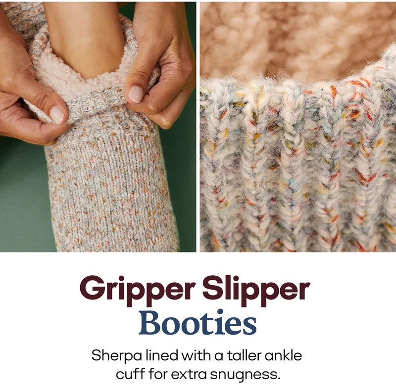 Gripper Slipper Booties Sherpa lilned with a taller ankle cuff for extra snugness.