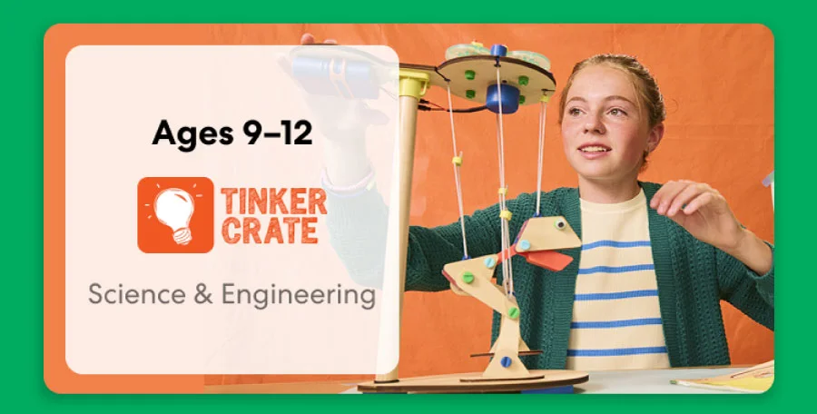 Tween building an engineering project from KiwiCo Labs, suitable for ages 9–12. Perfect for exploring engineering concepts.