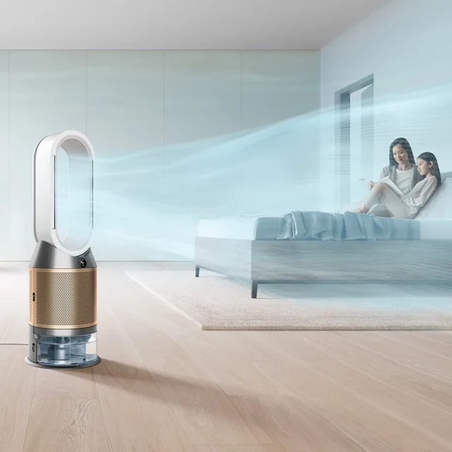 A Dyson humidifier circulating purified air in a bedroom