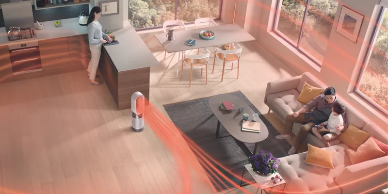 A Dyson purifer circulating heated air around an open floor plan