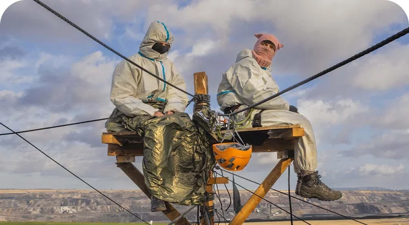 Environmental activists sitting on a high perch to protest a coal mine in Germany.