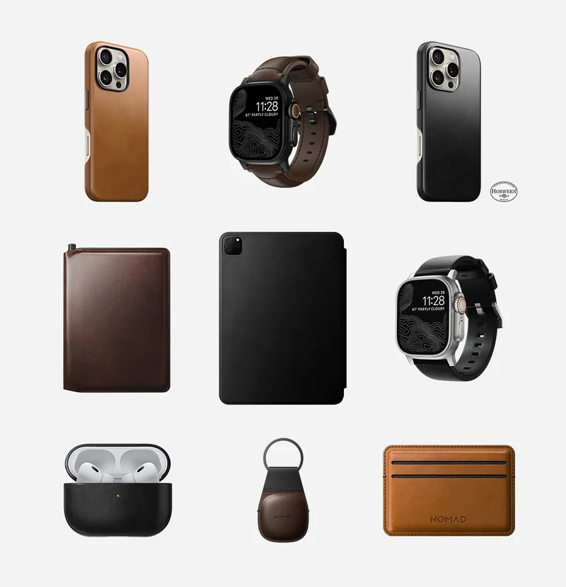 Featured Leather products. Featuring English Tan Traditional Case, Rustic Brown Traditional Band, Black Traditional Case, Rustic Brown Passport Wallet, Black iPad Leather Folio, Black Modern Leather Band, Black AirPods Pro Case, Rustic Brown Keychain for AirTag, English Tan Card Wallet.