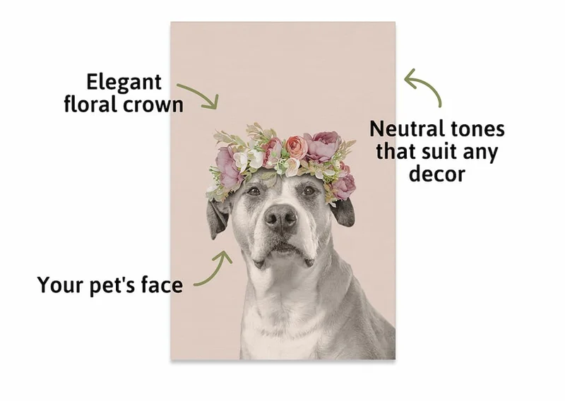 Annotated floral crown image: - Elegant floral crown | - Your pet's face | - Neutral tones that suit any decor