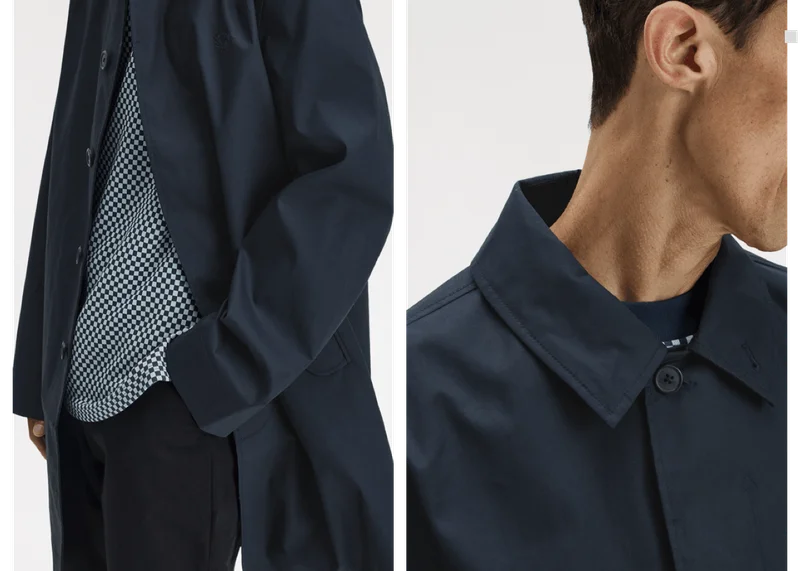 Two close ups of the Fred Perry Bonded Cotton Overcoat in Navy