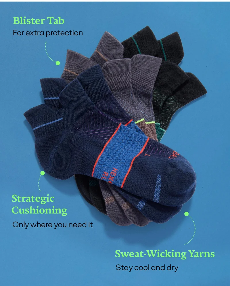Blister Tab For extra protection | Strategic Cushioning Only where you need it | Sweat Wicking Yarns Stay cool and dry