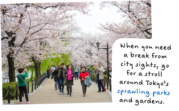 When you need a break from city sights, go for a stroll around Tokyo’s sprawling parks and gardens.