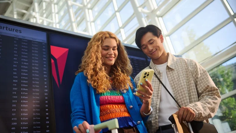 Two customers look at a phone while standing in front of a flight time board