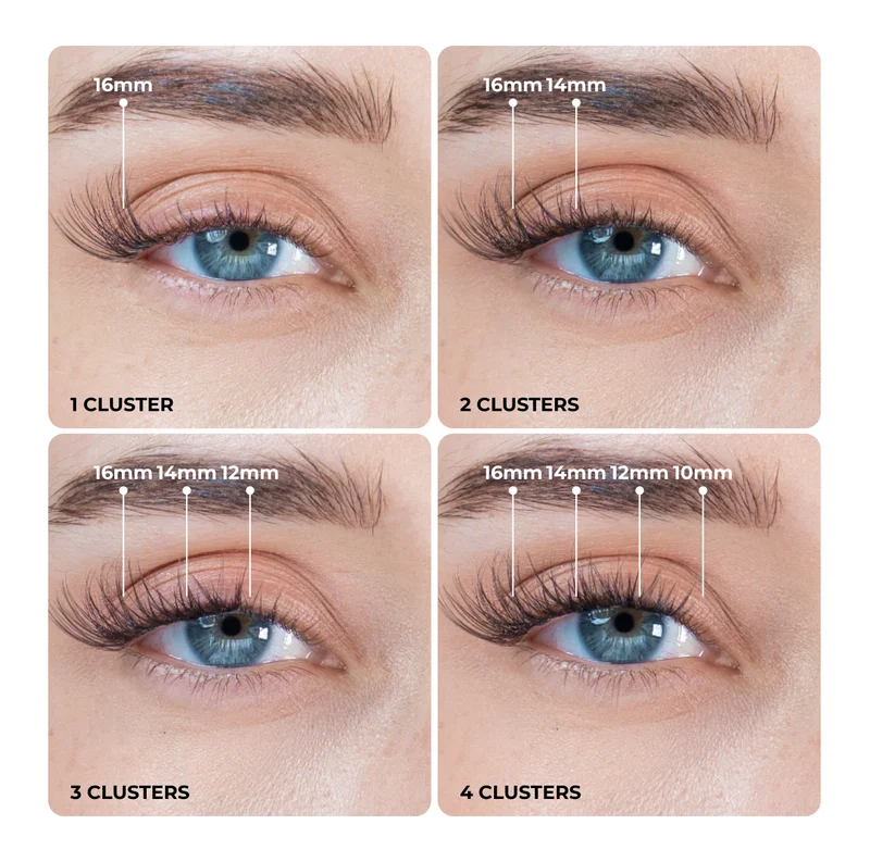 Lash mapping guide showing how to build volume with 1, 2, 3, or 4 Lady lash clusters using different lengths.