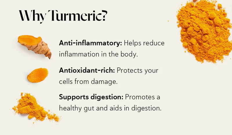 Why Turmeric? 1️⃣ Anti-inflammatory: Helps reduce inflammation in the body. 2️⃣ Antioxidant-rich: Protects your cells from damage. 3️⃣ Supports digestion: Promotes a healthy gut and aids in digestion.