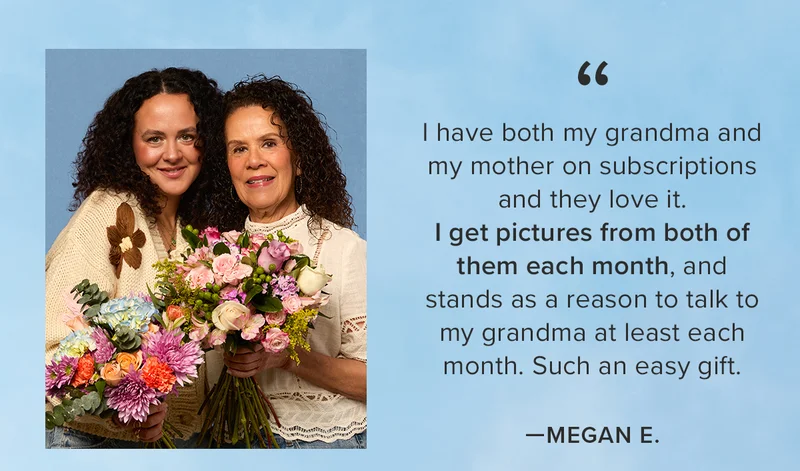 ''| have both my grandma and my mother on subscriptions and they love it. | get pictures from both of them each month, and stands as a reason to talk to my grandma at least each month. Such an easy gift. βMEGAN E. ''| have both my grandma and my mother on subscriptions and they love it. | get pictures from both of them each month, and stands as a reason to talk to my grandma at least each month. Such an easy gift. βMEGAN E.