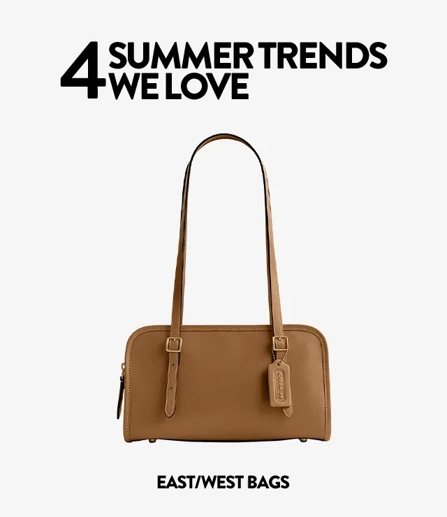 An east/west bag, metal-frame sunglasses, white sunglasses and a straw bag.