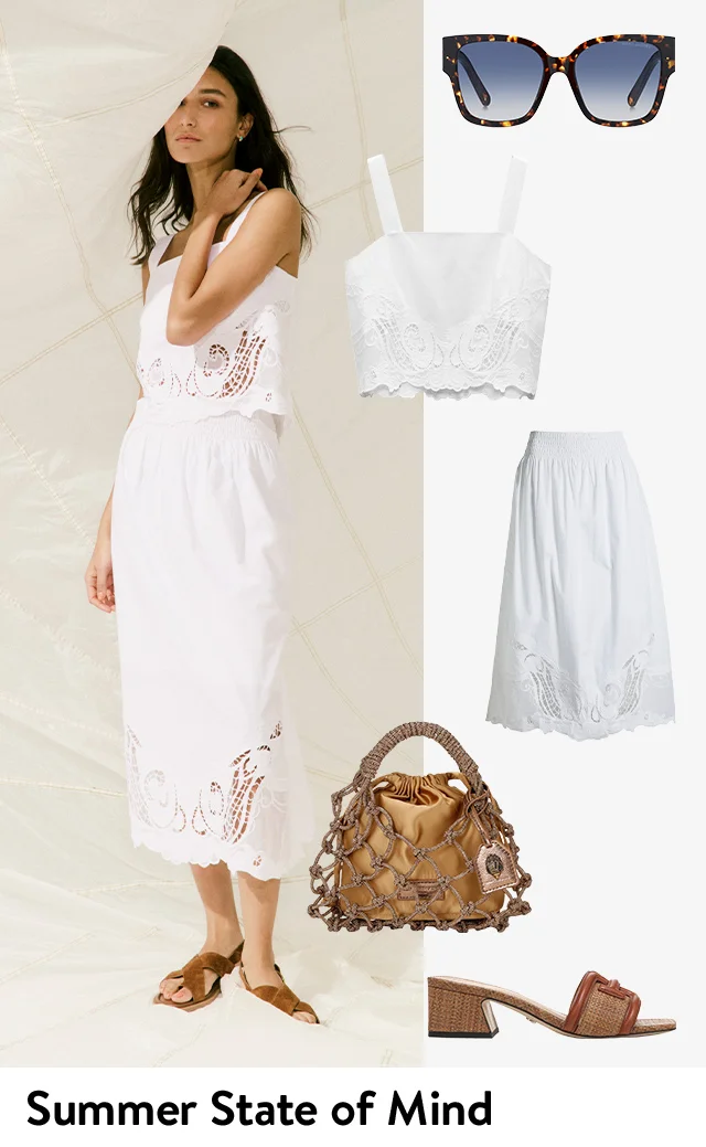 A woman wearing a matching embroidered top and skirt with sandals; the top, skirt and sandals, plus sunglasses and a handbag.