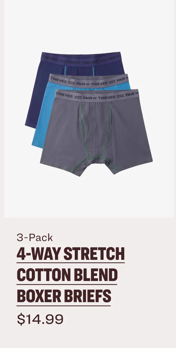 3-Pack 4-WAY STRETCh Cotton BLEND BOXER BRIEFS $14.99