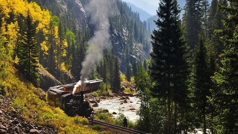 Image description: The Colorado Durango & Silverton Narrow Gauge Railroad in autumn.