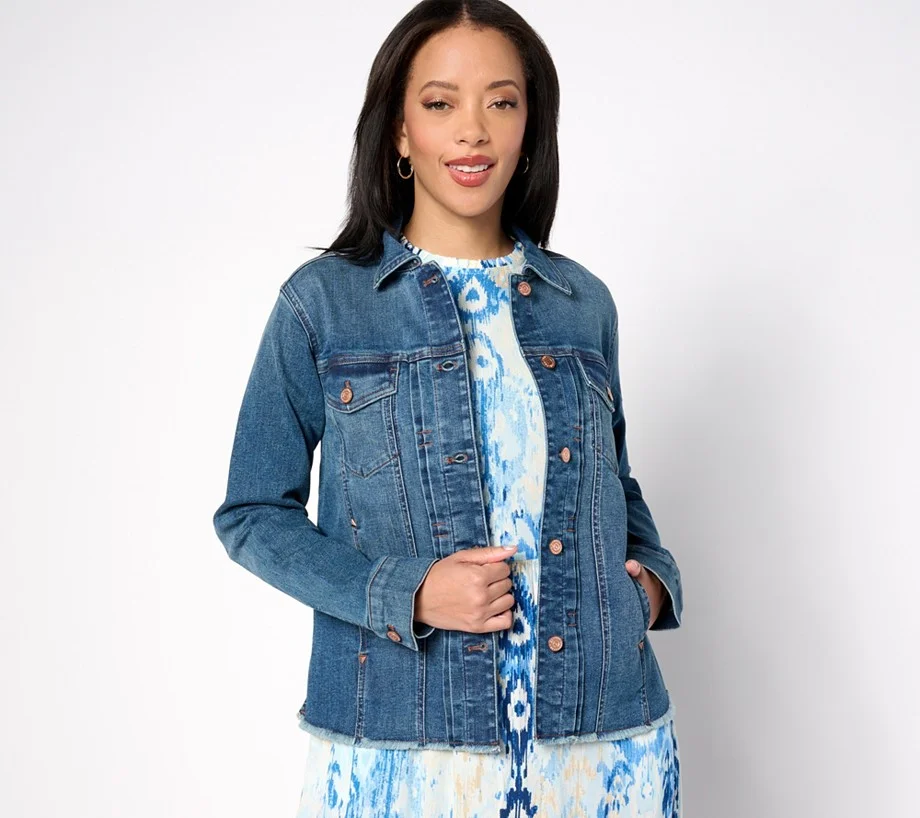 Denim & Co. Canyon Retreat Easy Stretch Fray Hem Detail Denim Jacket