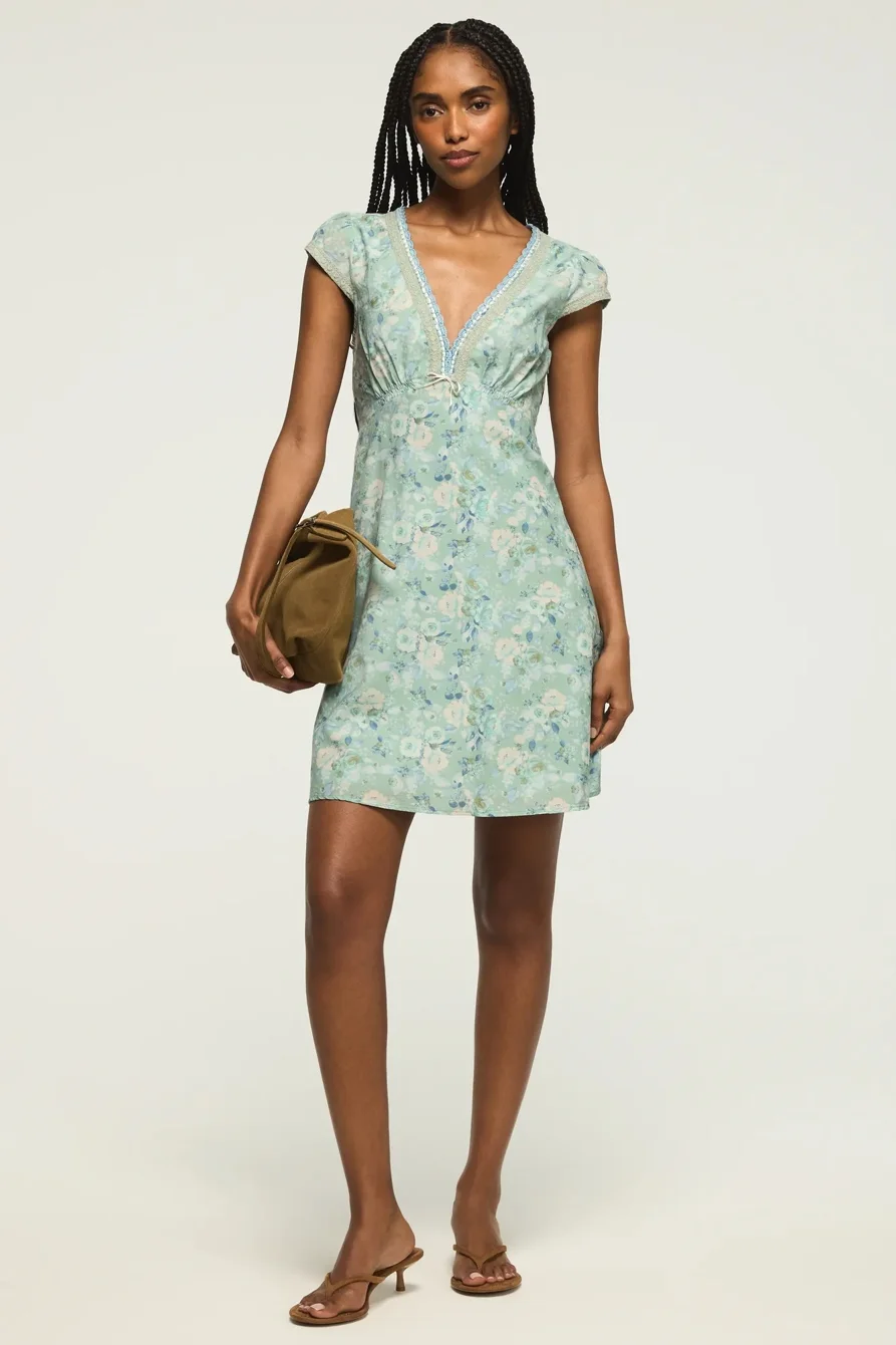 Image of Lucky Brand Cap Sleeve Printed Mini Dress - Women's Clothing Dresses Mini Dress in Blue Floral