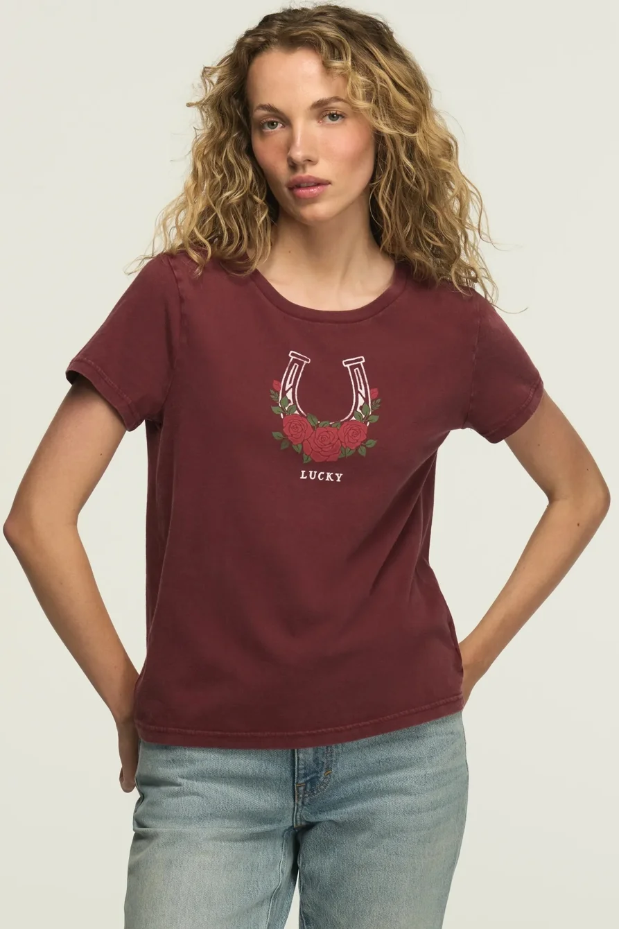 Image of Lucky Brand Rose Horseshoe Classic Crew in Carbernet