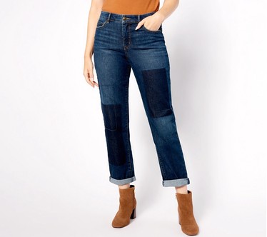 LOGO by Lori Goldstein Petite Shadow Patch Boyfriend Jeans