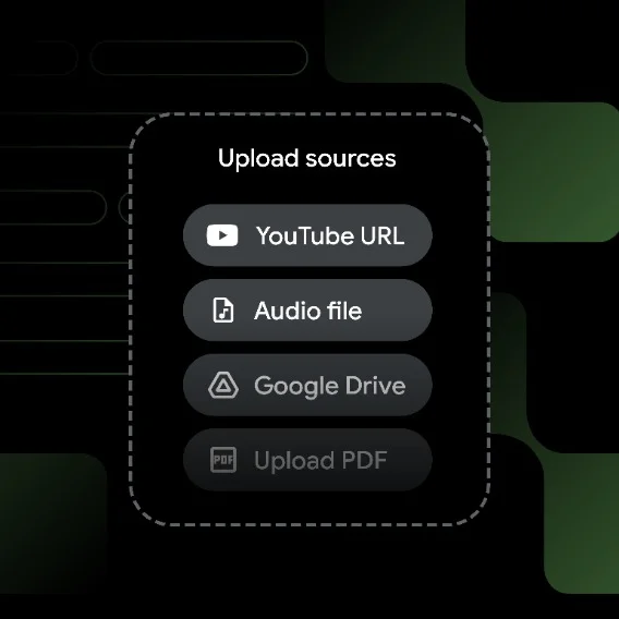Illustration of a black box with icons and names of upload sources including 'YouTube URL' and 'Audio File'