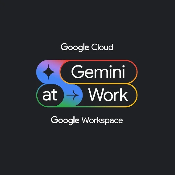 An illustrated black box with the phrase 'Google Cloud, Gemini at Work, Google Workspace'