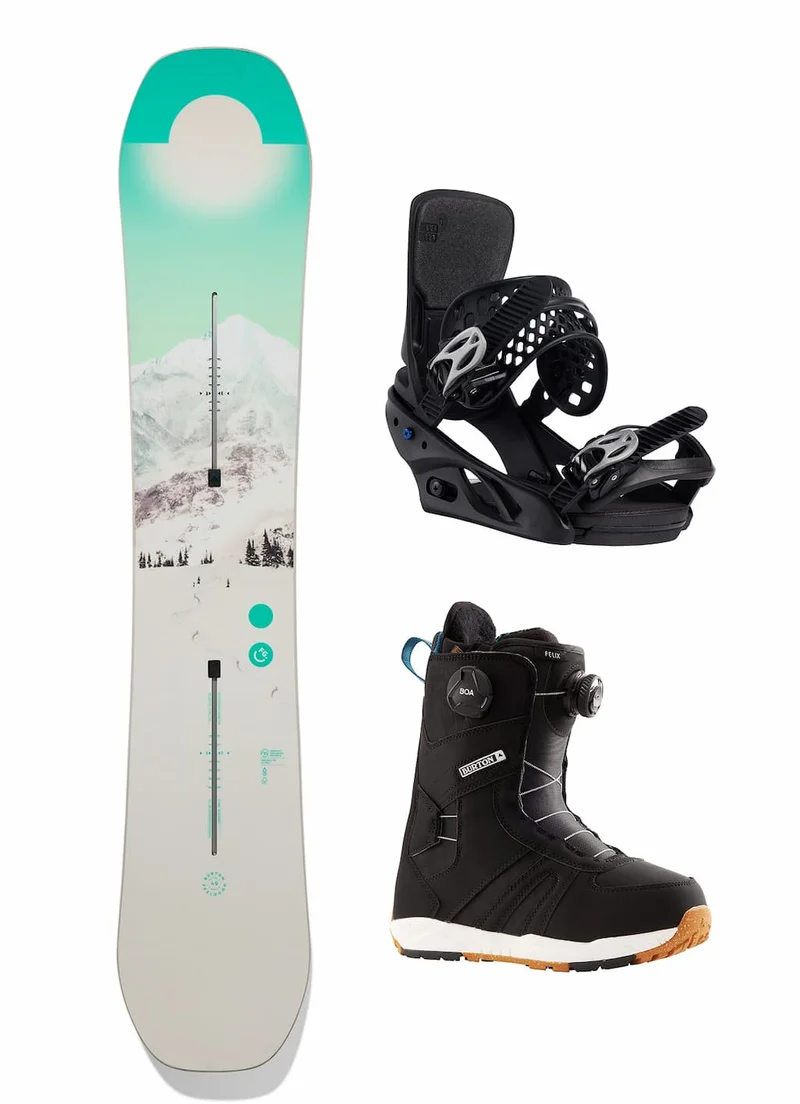 Women's All-Mountain Setup including the Feelgood Camber Snowboard, Lexa X Re:Flex Bindings, and Felix BOA® Boots