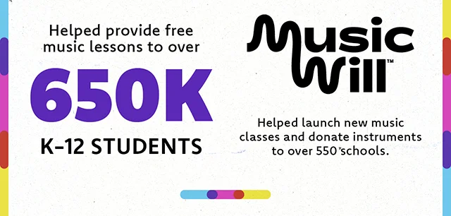 Music Will. Helped provide free music lessons to over 650K K-12 Students. Helped launch new music classes and donate instruments to over 550 schools.