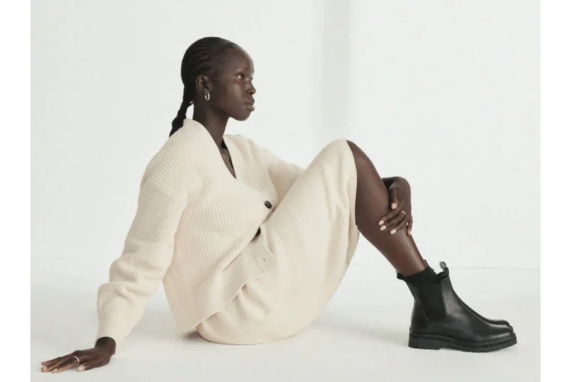 [image]The Organic Cotton Relaxed Cardigan, $128 and the Organic Cotton Sweater Midi Skirt, $98