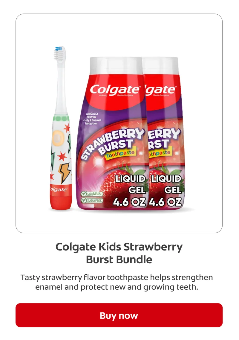 Colgate Kids Strawberry Burst Bundle Tasty strawberry flavor toothpaste helps strengthen enamel and protect new and growing teeth. Buy now