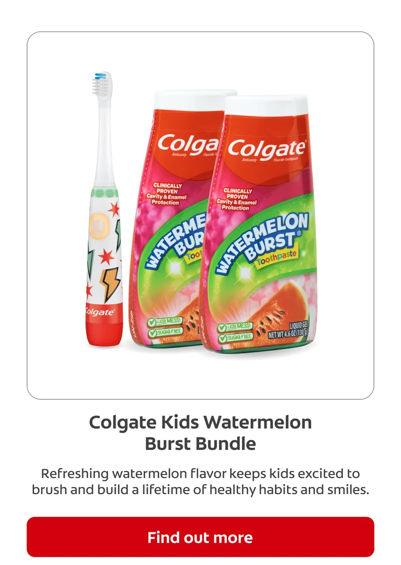 Colgate Kids Watermelon Burst Bundle Refreshing watermelon flavor keeps kids excited to brush and build a lifetime of healthy habits and smiles. Find out more