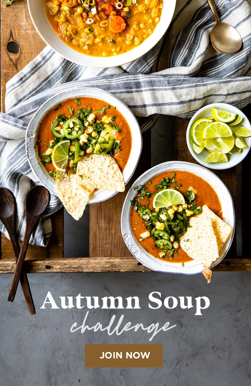 Nothing says Autumn quite like a bowl of warm soup. Join the free soup challenge to get 10 top-rated soup recipes and chance to win a Vitamix Immersion Blender, Souper Cubes Soup Lovers’ Freezer Tray Bundle and 1-Year Rawk the Year Membership!