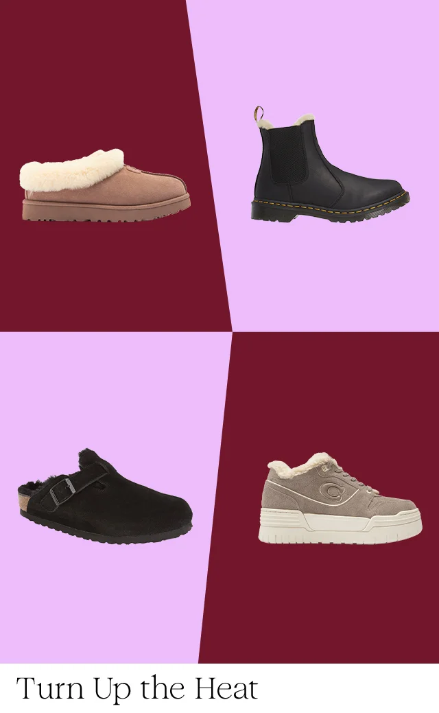 A black boot, brown sneaker, tan slipper and black clog.