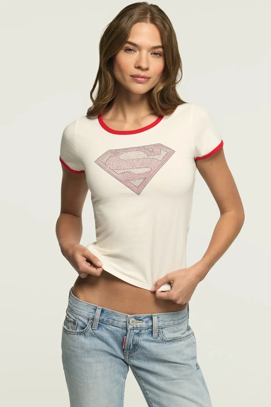 Image of Lucky Brand Supergirl Rhinestone Logo Ringer Tee - Women's Clothing Tops Shirts Tee Graphic T Shirts in Cream