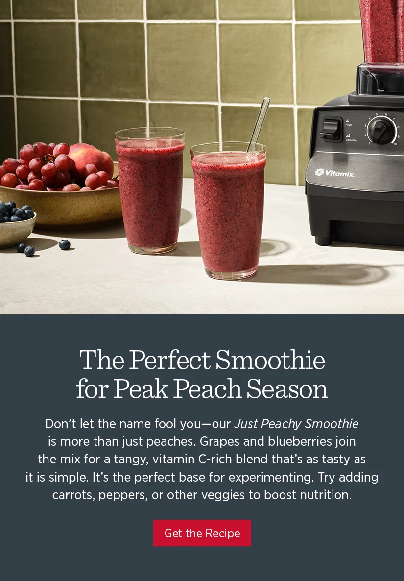 Don't let the name fool you - our Just Peachy Smoothie is more than just peaches. Grapes and blueberries join the mix for a tangy, vitamin C-rich blend that's as tasty as it is simple. It's the perfect base for experimenting. Try adding carrots, peppers, or other veggies to boost nutrition.