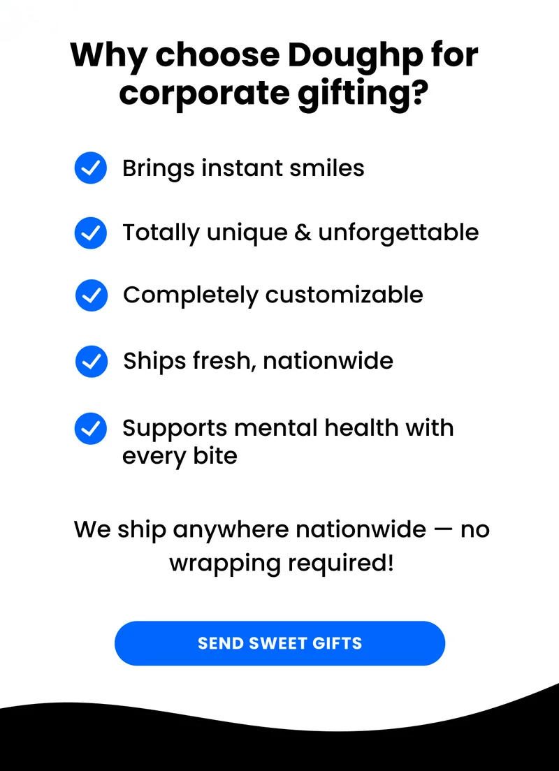 Why choose Doughp for corporate gifting? Brings instant smiles, Totally unique & unforgettable, Completely customizable, Ships fresh, nationwide, Supports mental health with every bite.